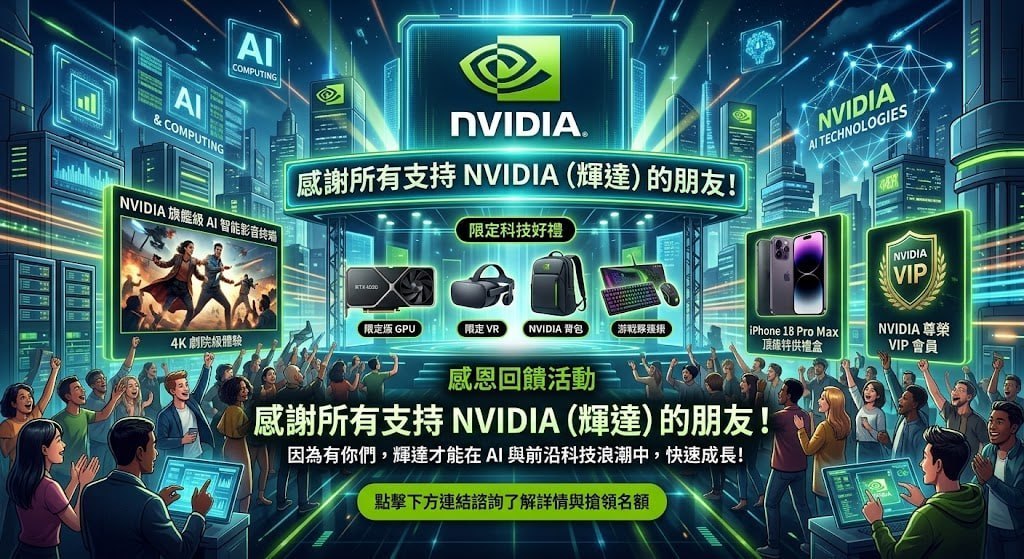 使用者提供的科技回饋活動插圖,展示 AI 科技城市、影音設備、手機與科技禮品